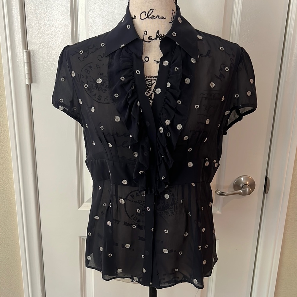 Ann Taylor Navy Sheer Ruffle Blouse with Silver Dot Print